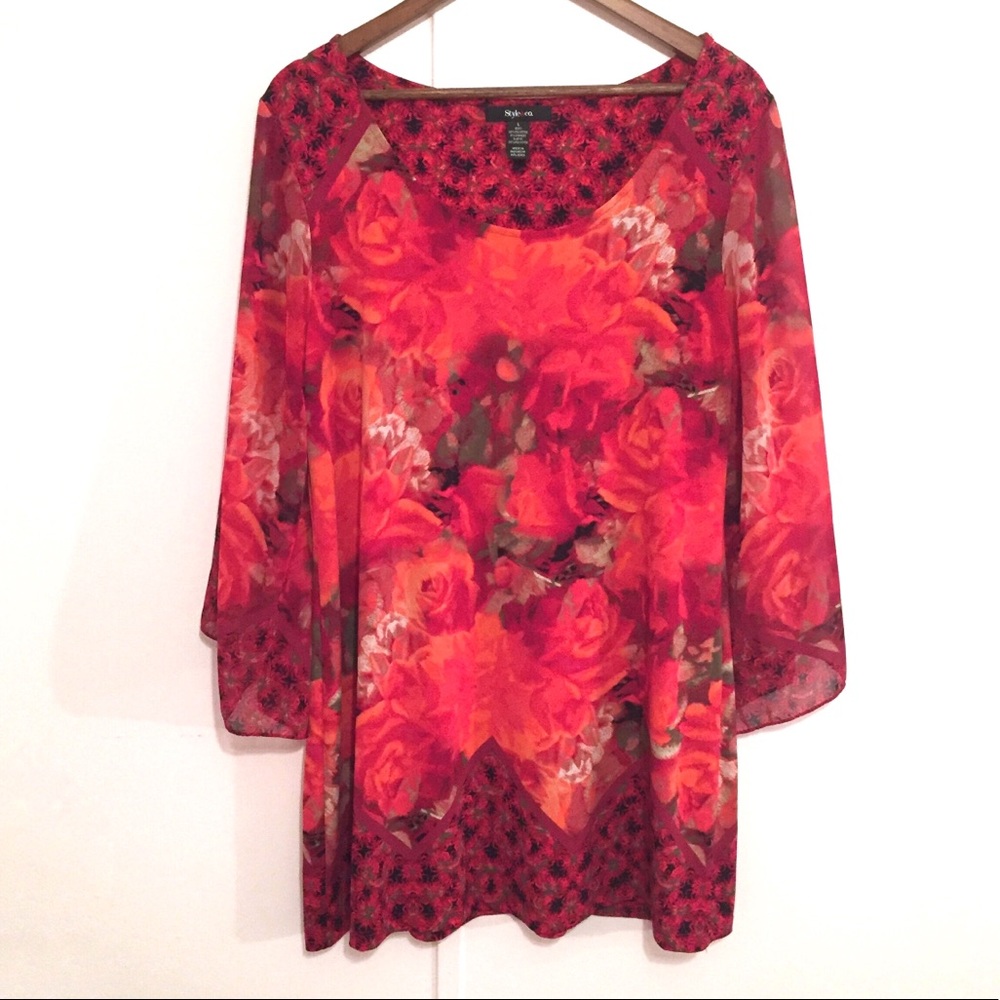 STYLE & CO Rose Pattern Dress with Flared Sleeves